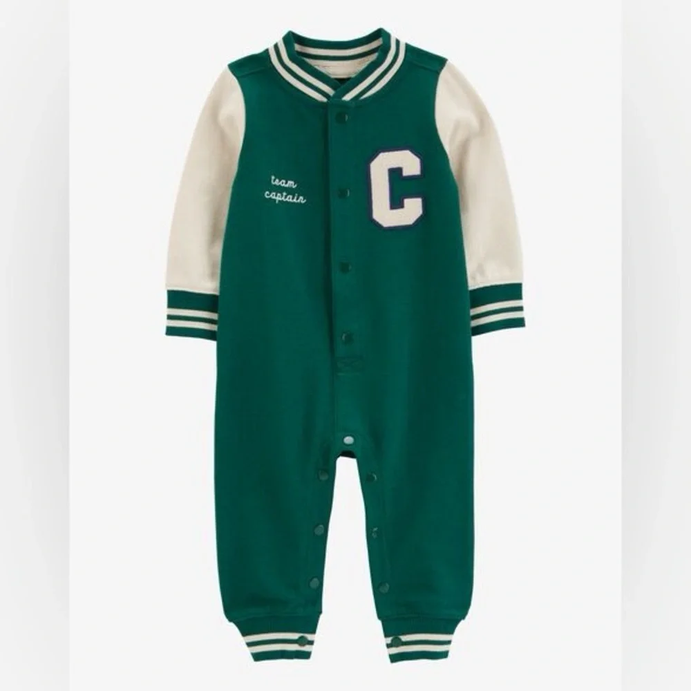 NWT Carter's Green and White Baby Varsity Button-Down Jumpsuit